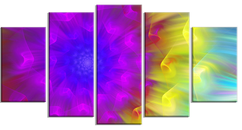 Purple Fractal Petals Dandelion, Floral Canvas Art Print, 60"x32", 5 Panels