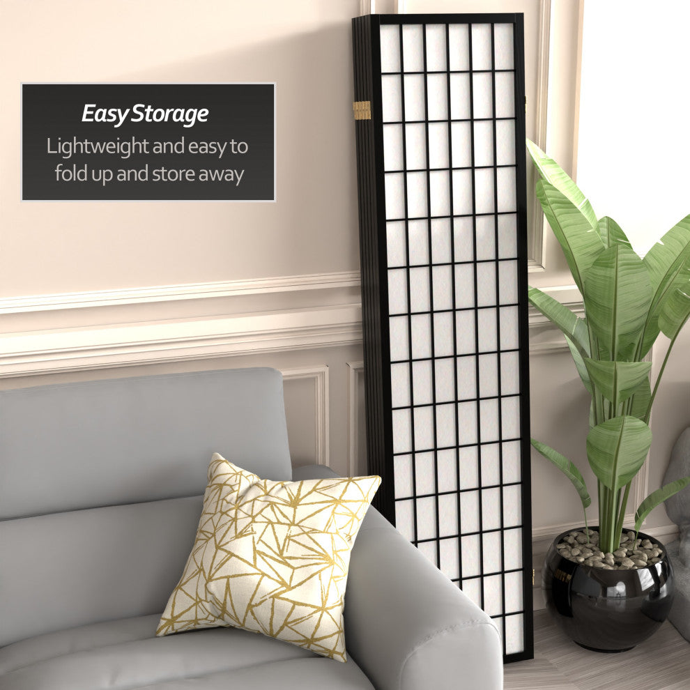 6' Tall Window Pane Shoji Screen, Black, 6 Panels
