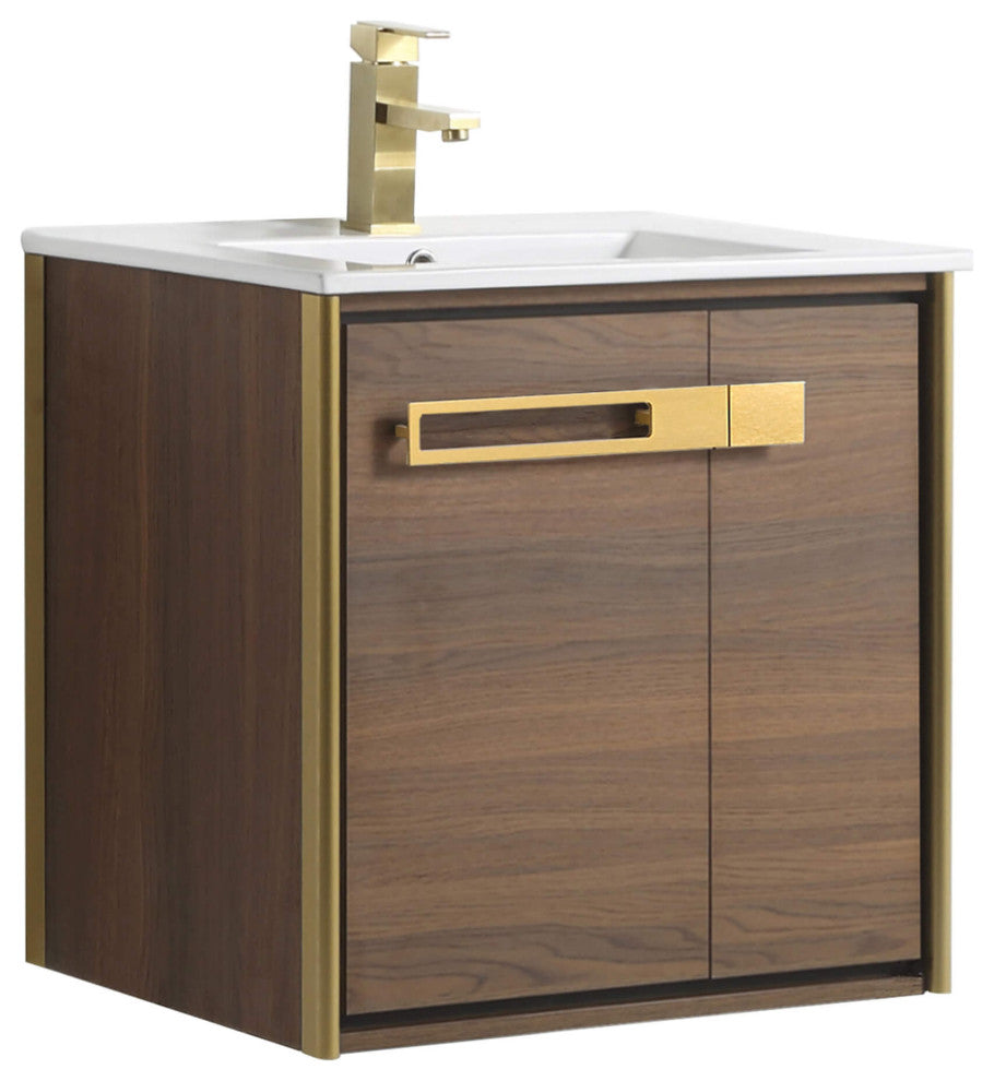 Oakville Wall Mount Bathroom Vanity, Walnut Ebony, 24", Satin Brass Hardware