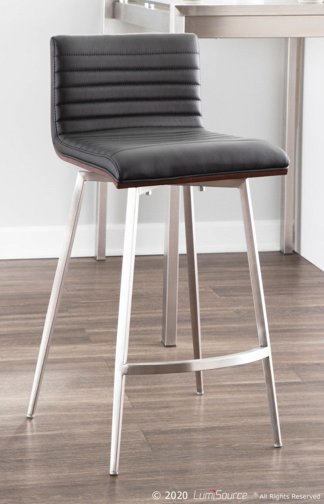 Mason Swivel Counter Stool, Set of 2, Stainless Steel/Walnut Wood/Black PU