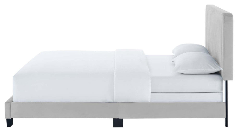 Tufted Platform Bed Frame, Queen Size, Velvet, Grey Gray, Modern Contemporary