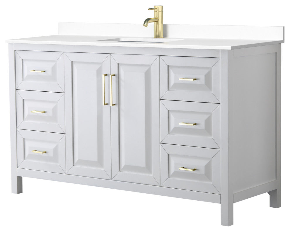 60" Single Bath Vanity, White, White Cult. Marble Countertop, Sink, Gold Trim