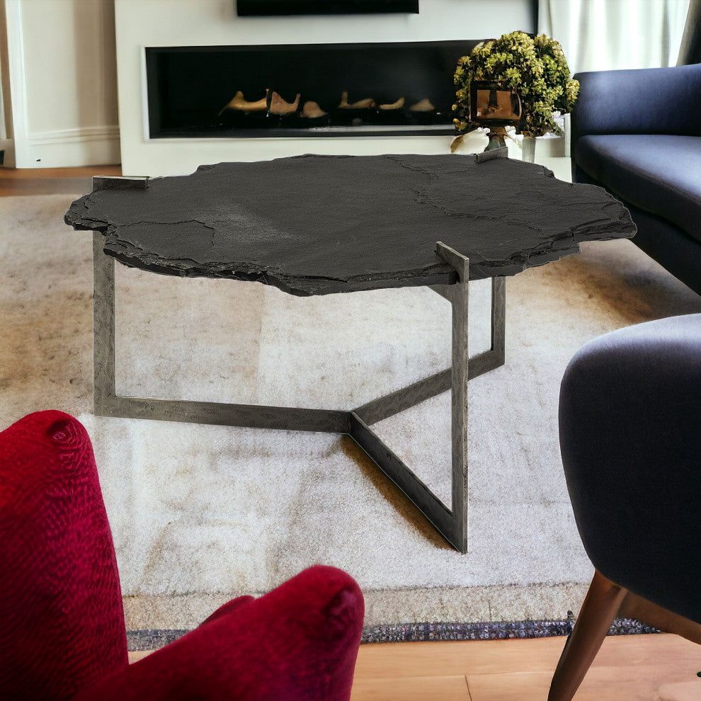 40" Black and Gold Stone and Iron Free Form Distressed Coffee Table
