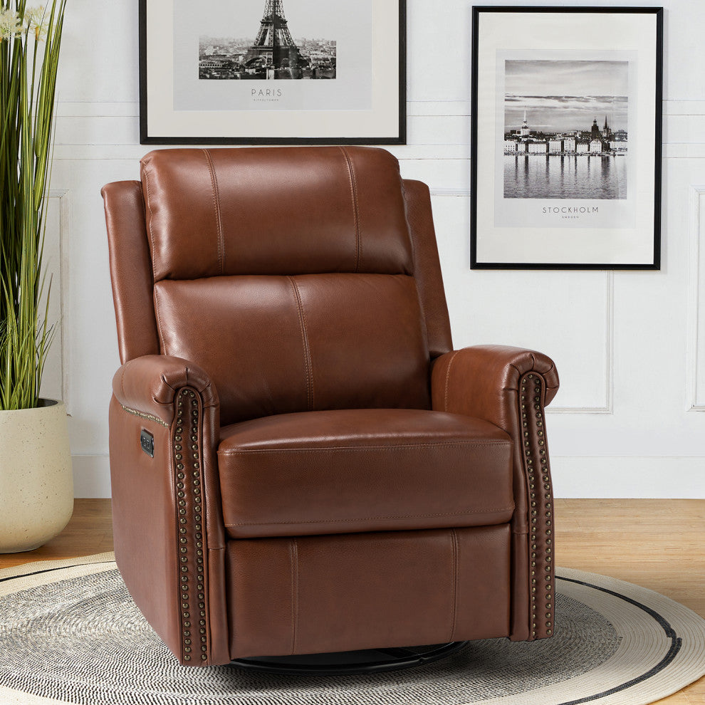 Kaietan Genuine Leather Power Rocking Recliner, Brown