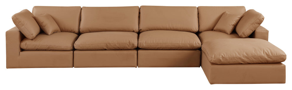 Comfy Upholstered L-Shaped Modular Sectional, Cognac, 5-Piece: 2 Armless Chair, 2 Corner Chair, 1 Ottoman, Vegan Leather