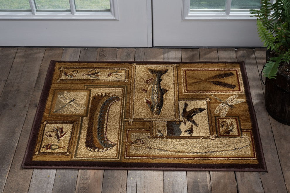 Trout Fishing Novelty Lodge Pattern Ivory Scatter Mat Rug, 2''x3''