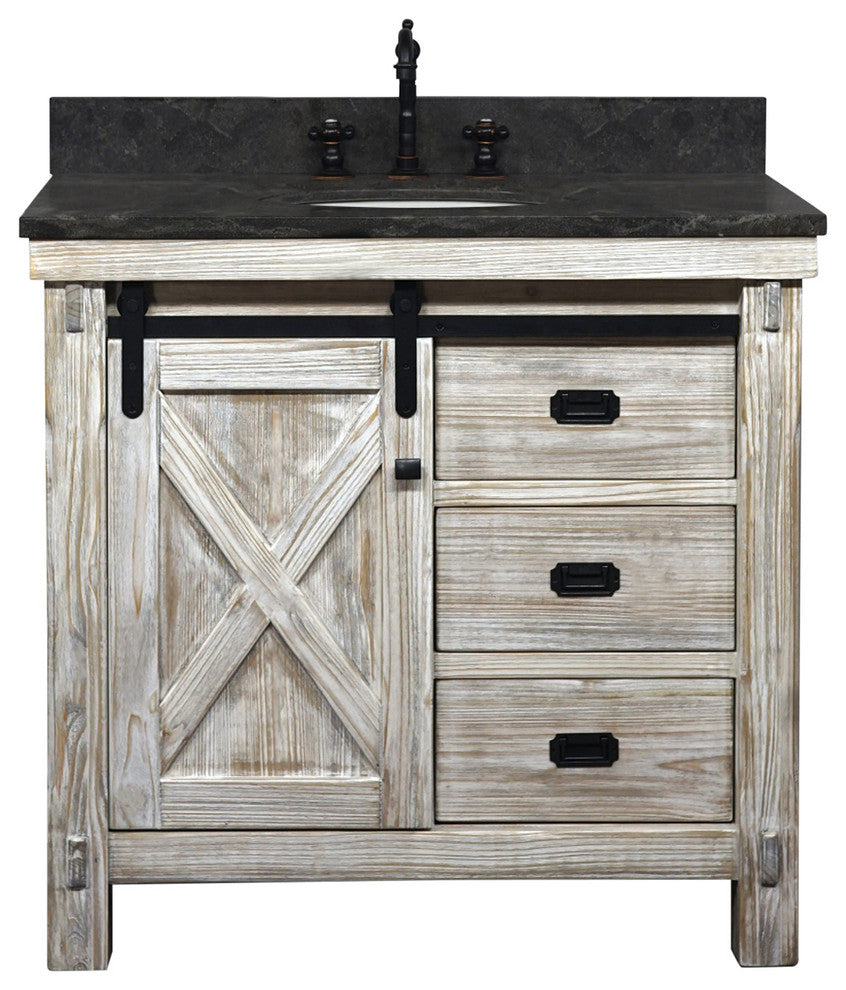 37" Rustic Solid Fir Barn Door Style Single Sink Vanity Marble Top, Wk8536-W+wk Top
