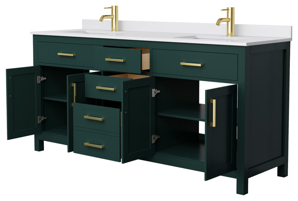 72"DBL Bathroom Vanity, Green, White Cult. Marble Countertop, Sinks, Gold Trim