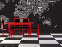 1-World Text Map Wall Mural, White on Black, 3 panel, 107x57"