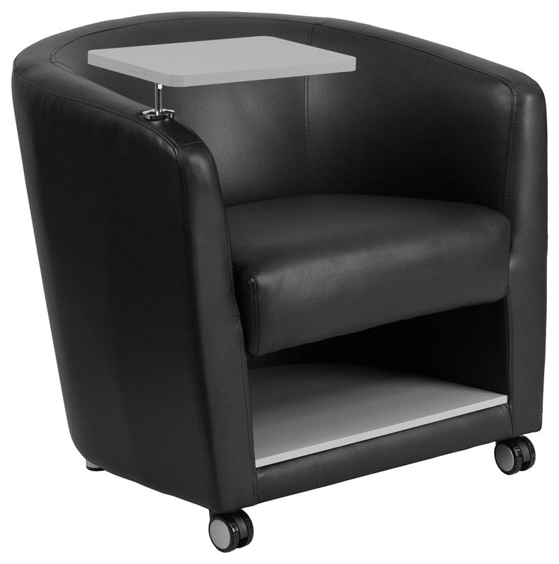 Black Leather Guest Chair with Tablet Arm and Under Seat Storage