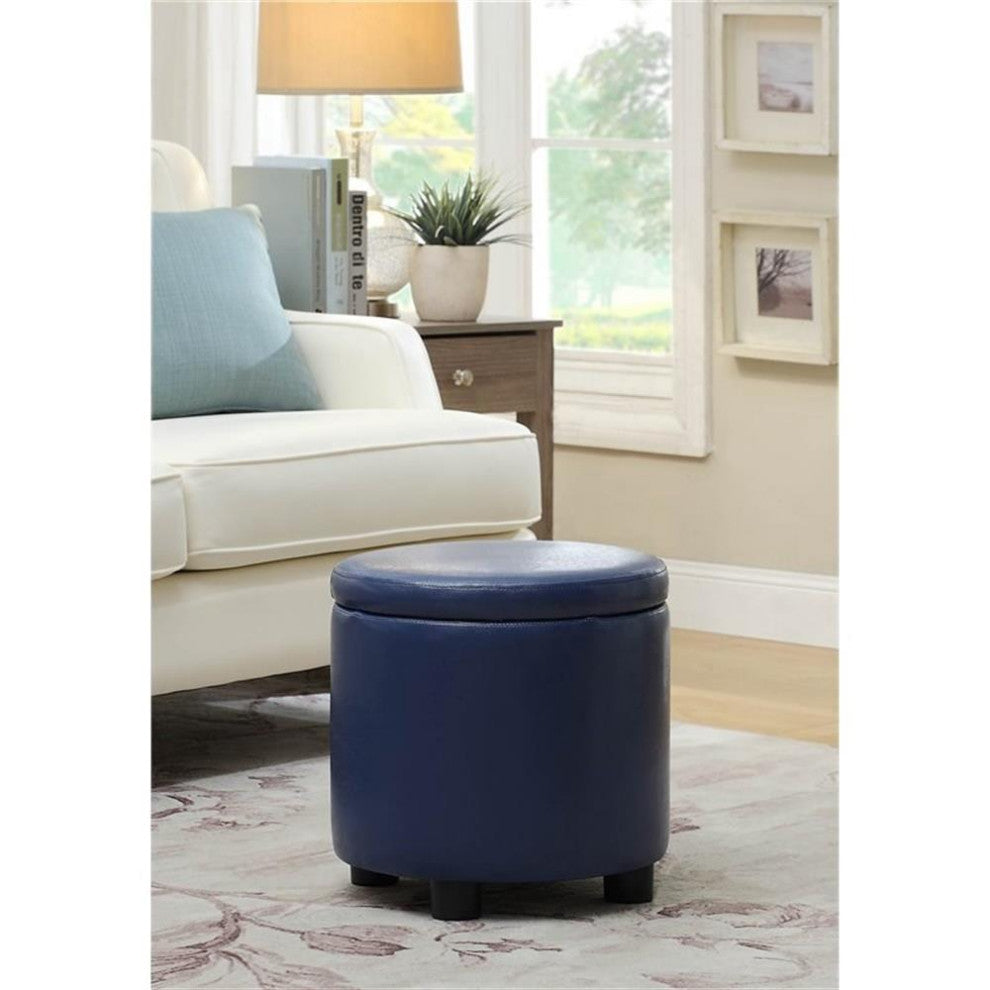 Designs4Comfort Round Accent Storage Ottoman in Blue Faux Leather Fabric