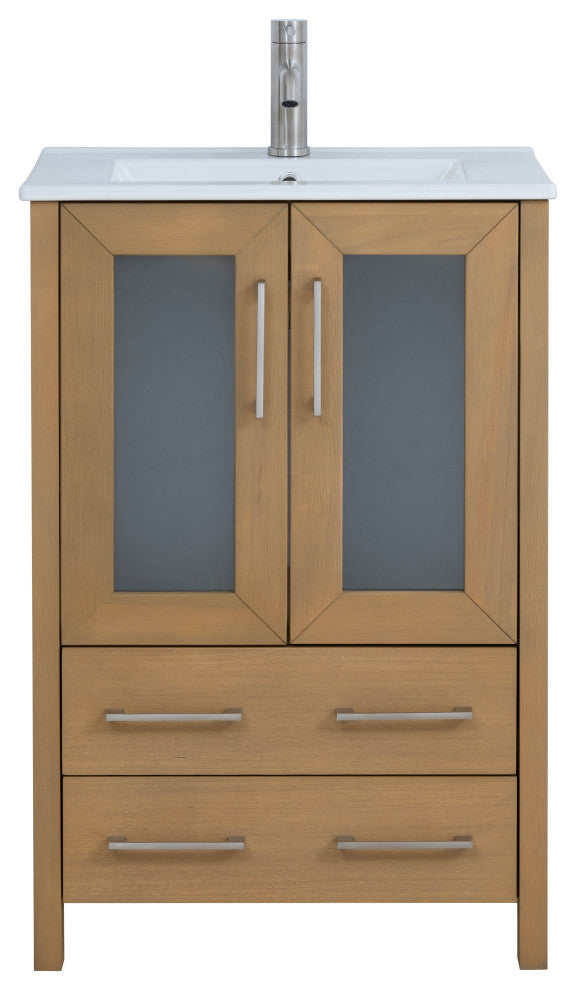 Vanity Art Vanity Set With Ceramic Top, 24", Natural Oak, Standard Mirror