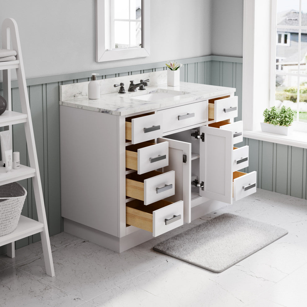 Hartford 48" Single Sink Marble Countertop Bath Vanity, White, Vanity With Classic Faucet
