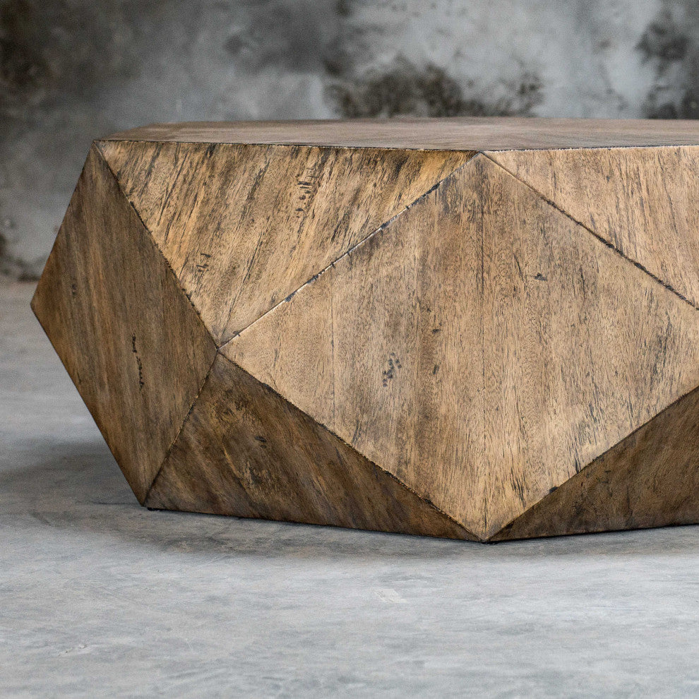 Faceted Large Round Light Wood Coffee Table Modern Geometric Block Solid