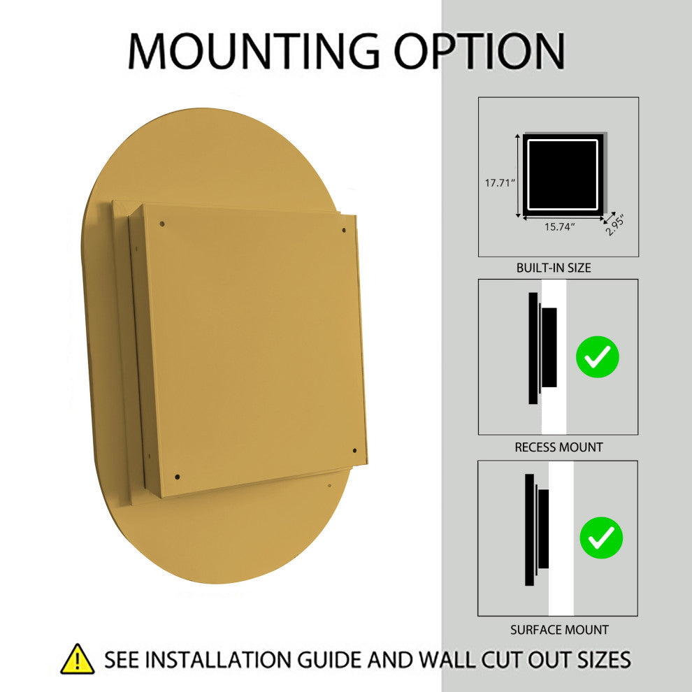 GDF Studio 20"x34" Oval Metal Recessed Bathroom Medicine Cabinet, Gold
