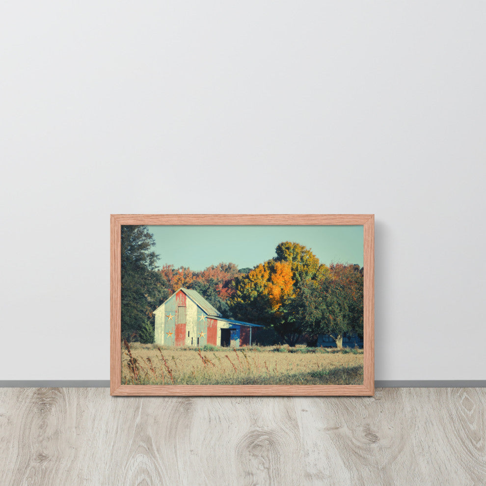Patriotic Weathered Barn in Field Cross Processed Framed Photo Wall Art Prints, Red Oak, 12" X 18"