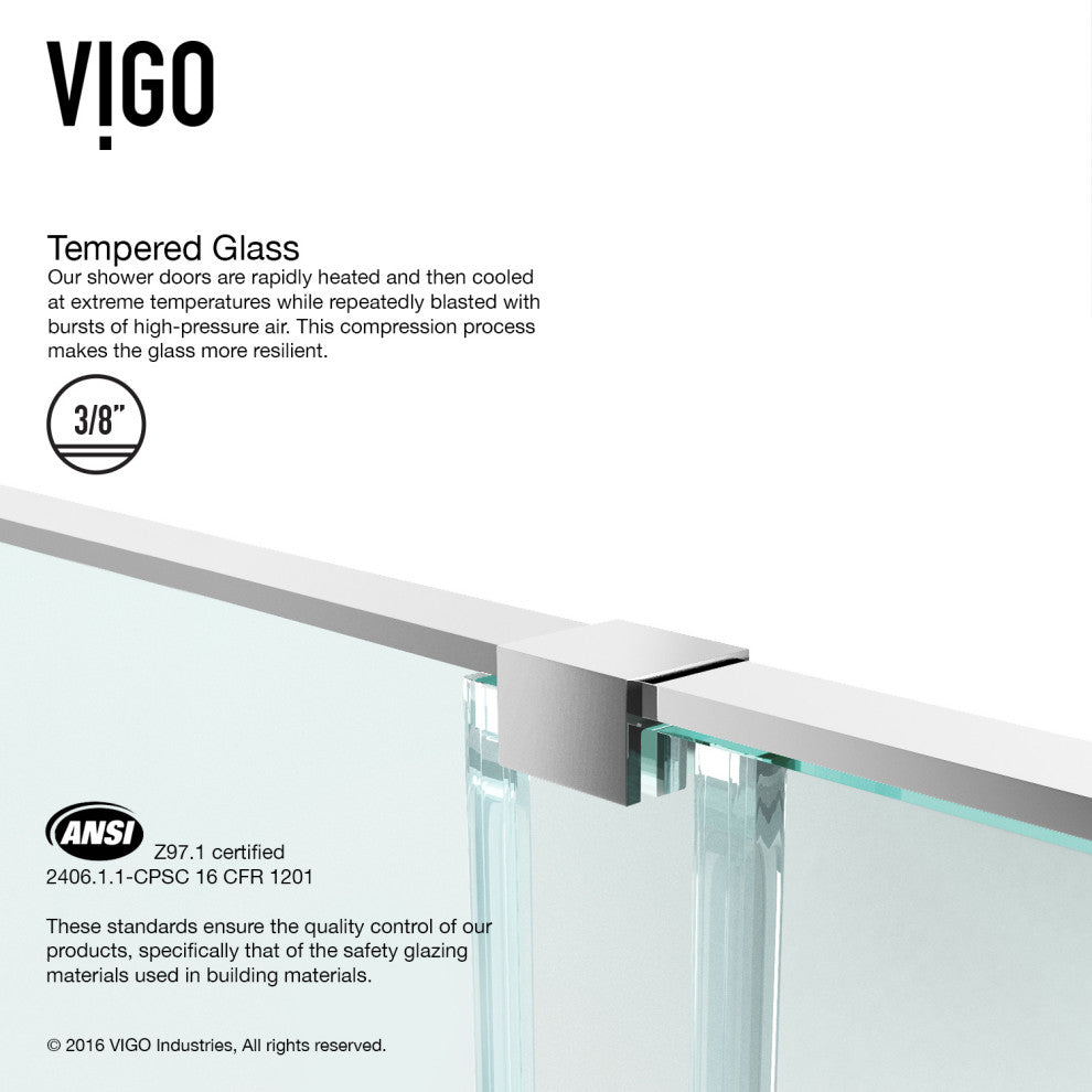 VIGO Ryland 62" to 64" W x 73" H Frameless Track Sliding Shower Door, Chrome, Clear Glass