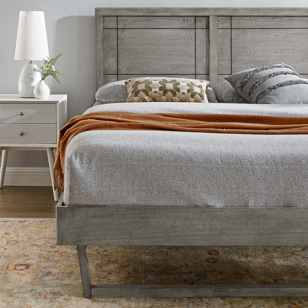 Platform Bed Frame, King Size, Wood, Gray, Modern Mid-Century, Bedroom