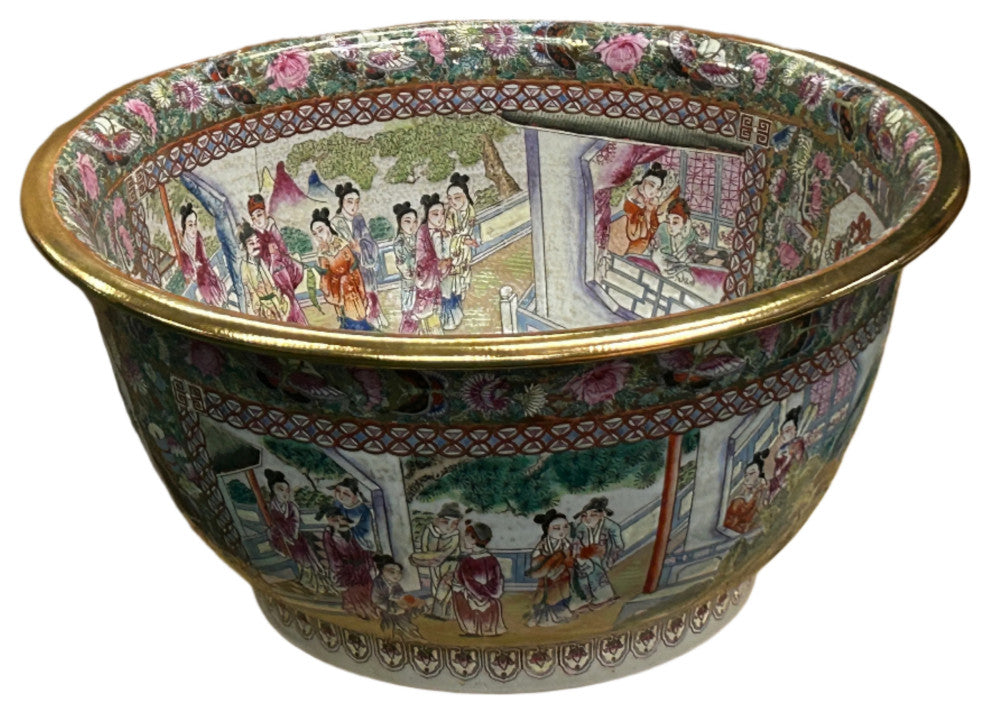 Vintage Chinese Famille Rose People House Graphic Porcelain Bowl Pot Hws4349