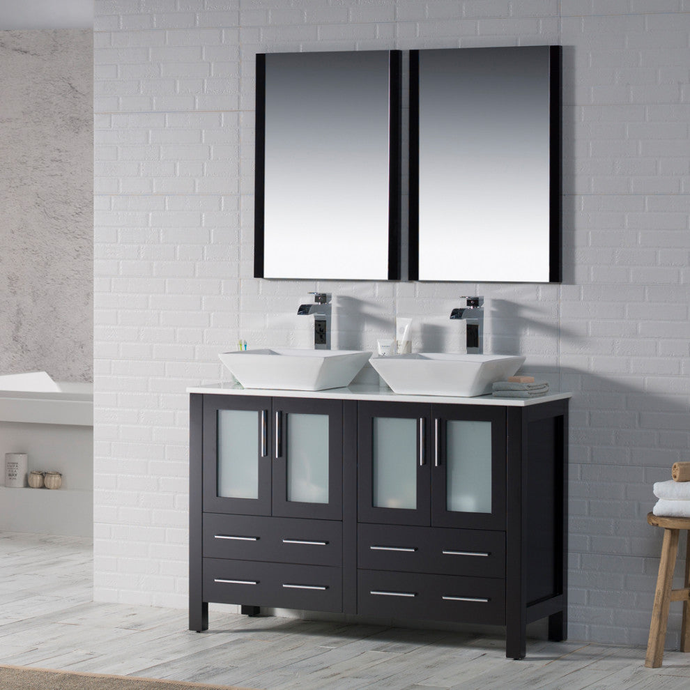 Sydney 48" Double Vanity Set With Vessel Sinks and Mirrors, Espresso