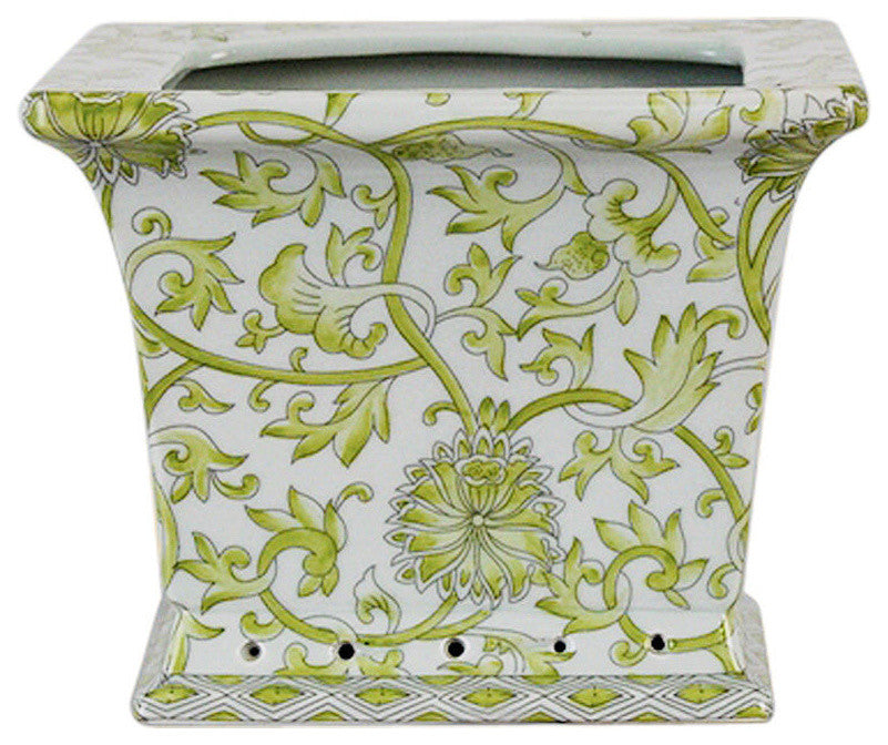 Set of 2 Green and White Twisted Lotus Square Porcelain Flower Pots 6"