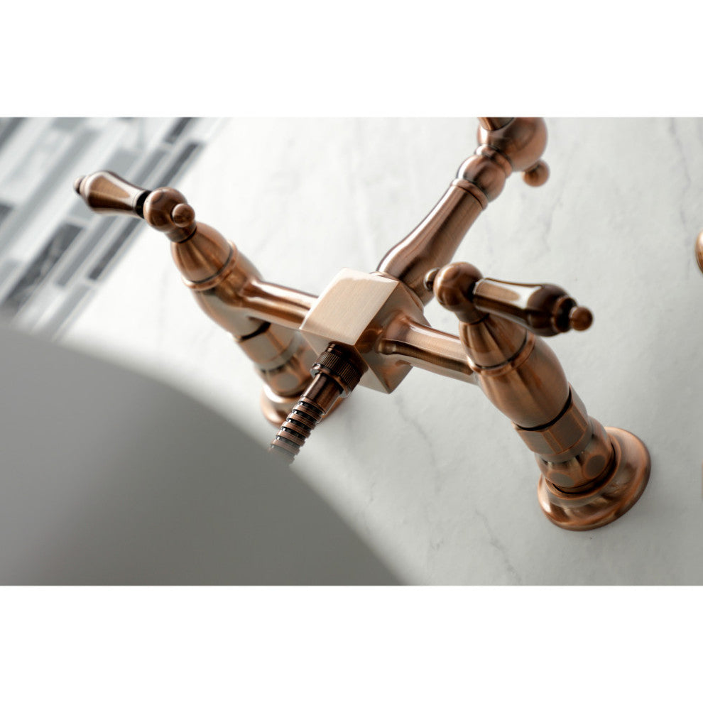 KS124ALBSAC Wall Mount Bridge Kitchen Faucet With Brass Spray, Antique Copper