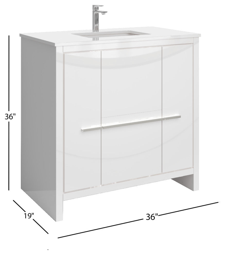 Esconde Bath Vanity, High Gloss White, 36", Single Sink, Freestanding