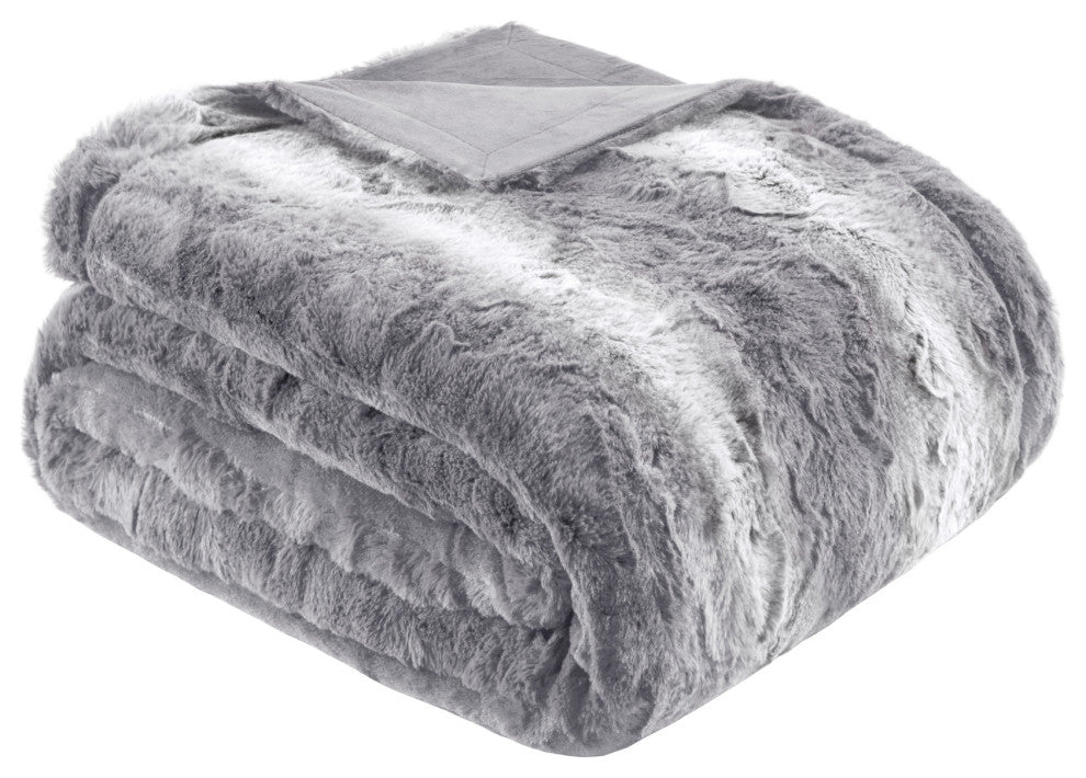 Madison Park Faux Tip Dyed Brushed Long Fur Throw, Gray