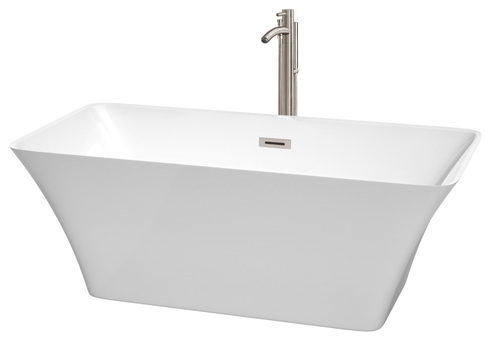 Tiffany 59" Freestanding White Bathtub, Brushed Nickel Tub Filler & Trim Kit