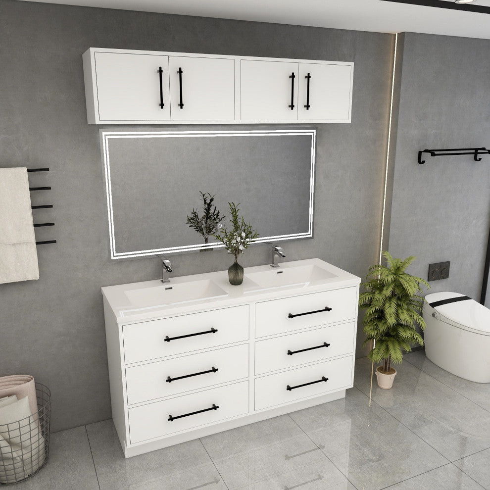 Victoria 60" Double Sink Solid Wood Vanity, Overhead Cabinet, Glossy White