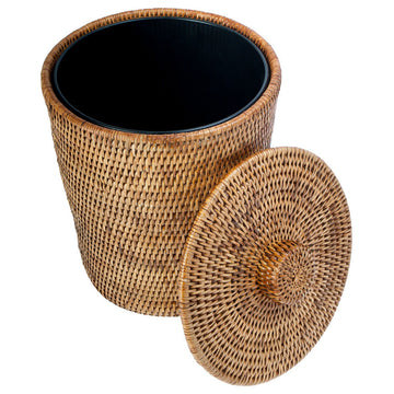 La Jolla Rattan Round Waste Basket With Plastic Insert and Lid, Honey-Brown