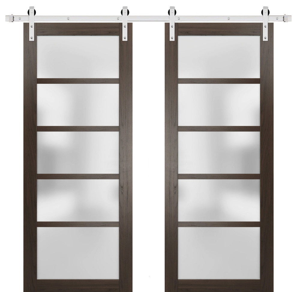 Double Barn Door 60 x 96 Frosted Glass, Quadro 4002 Chocolate Ash, Silver 13FT