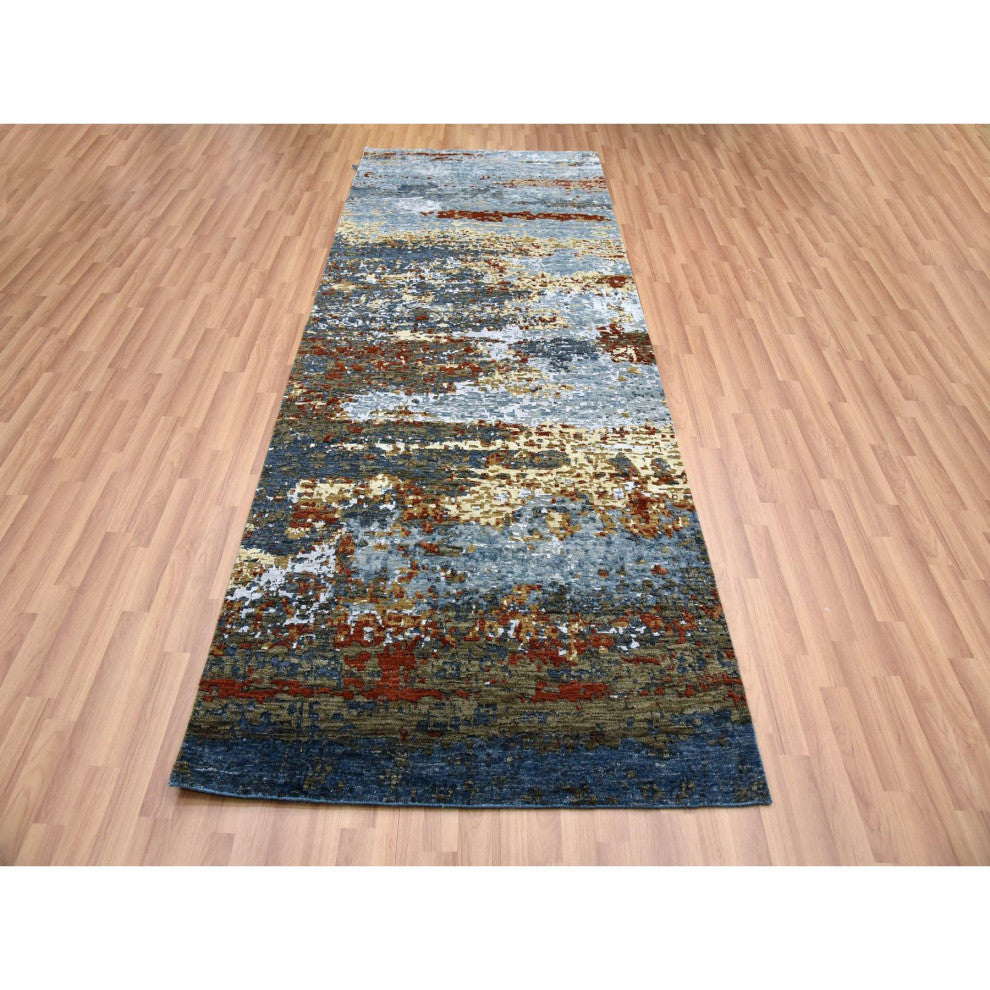 Black Coral Abstract Design Natural Wool Hand Knotted Wide Runner Rug, 4'x10'
