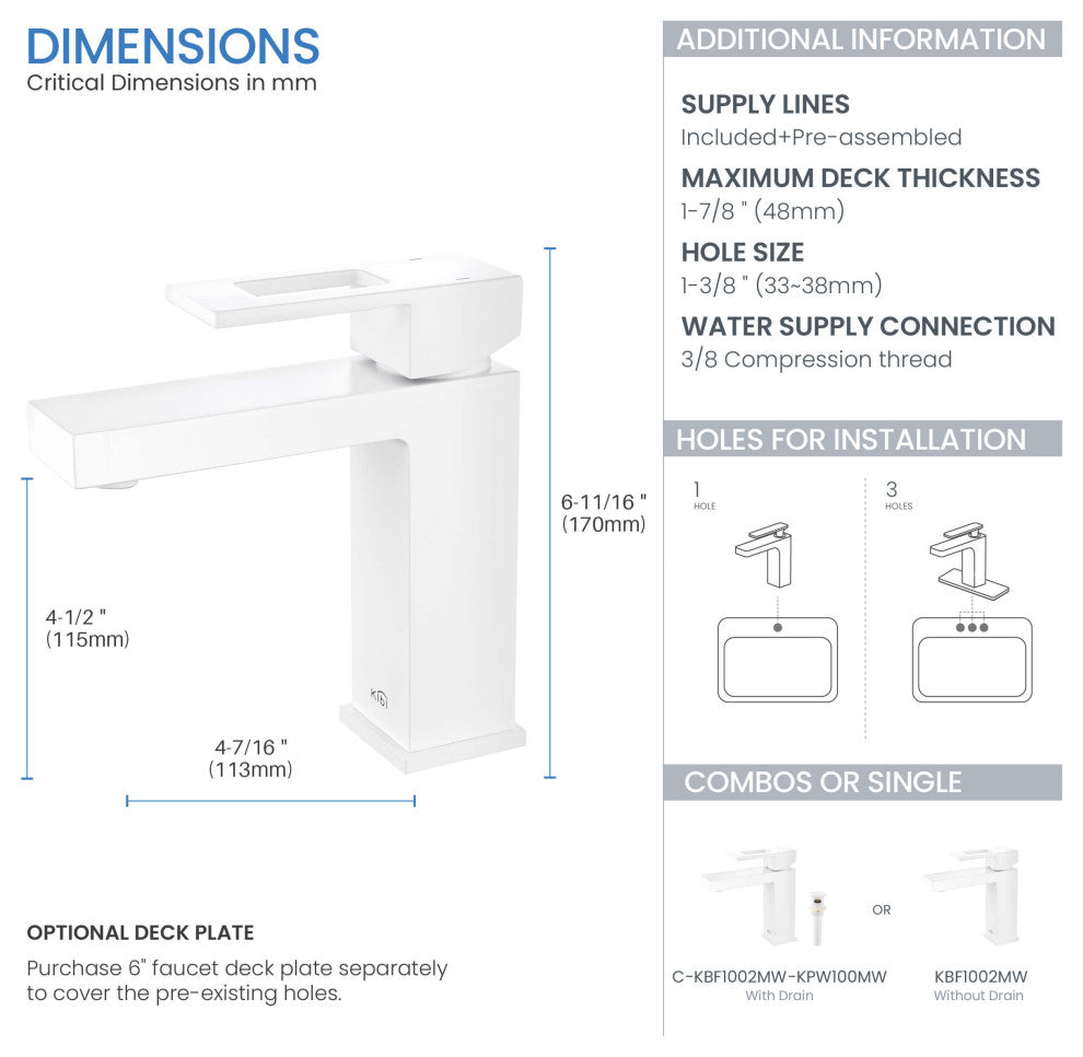 Cubic Single Hole Bathroom Faucet KBF1002, Matte White,, Drain
