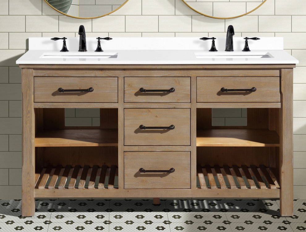 Lauren 60" Bathroom Vanity, Weathered Fir Finish, White Engineered Stone Counter