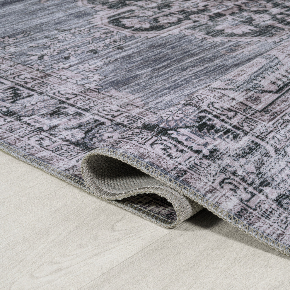 Wincer Chenille Cottage Medallion Washable Rug, Navy/Gray/Black, 5 X 8