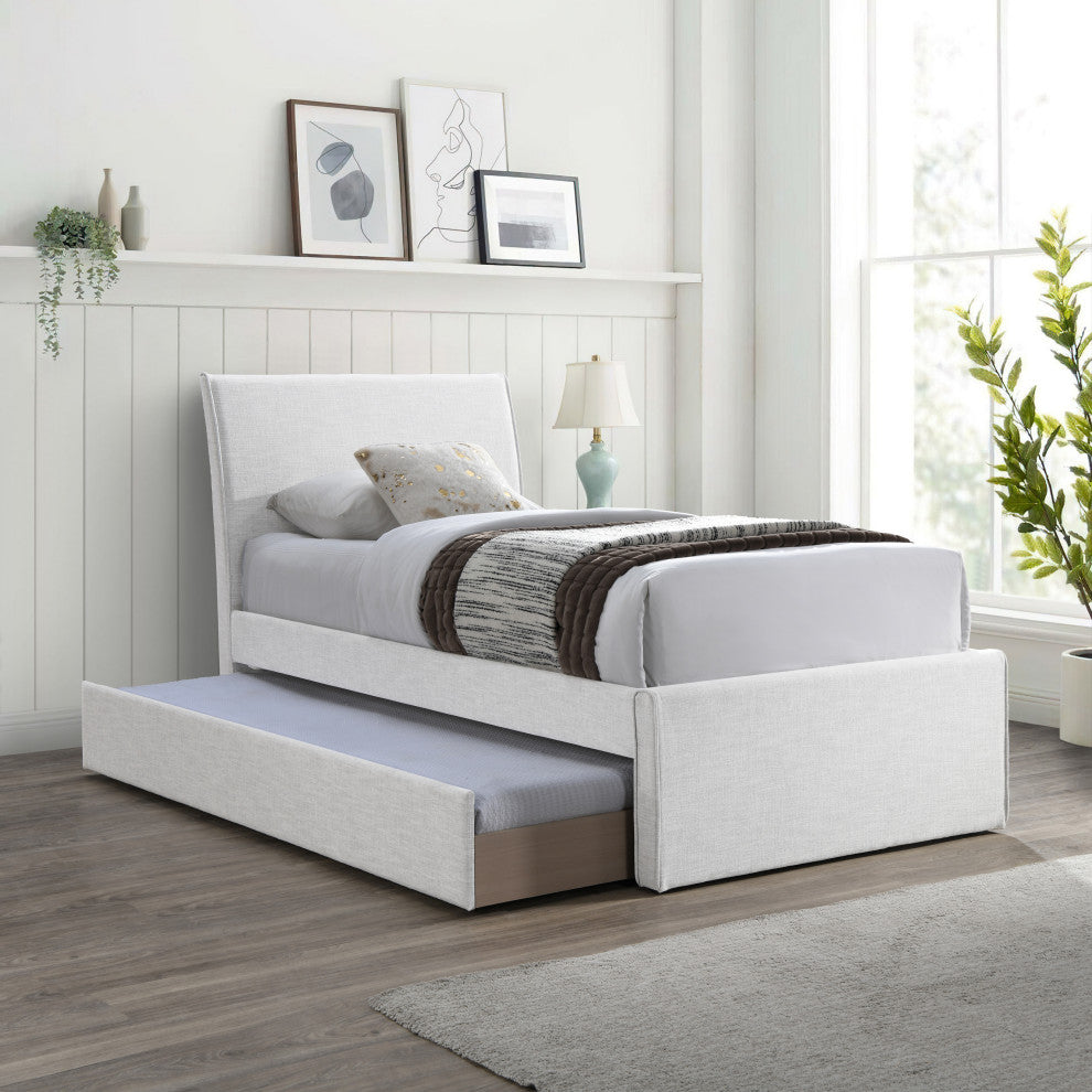 Myles Upholstered Trundle Bed, Cream, Twin, Linen Textured Fabric
