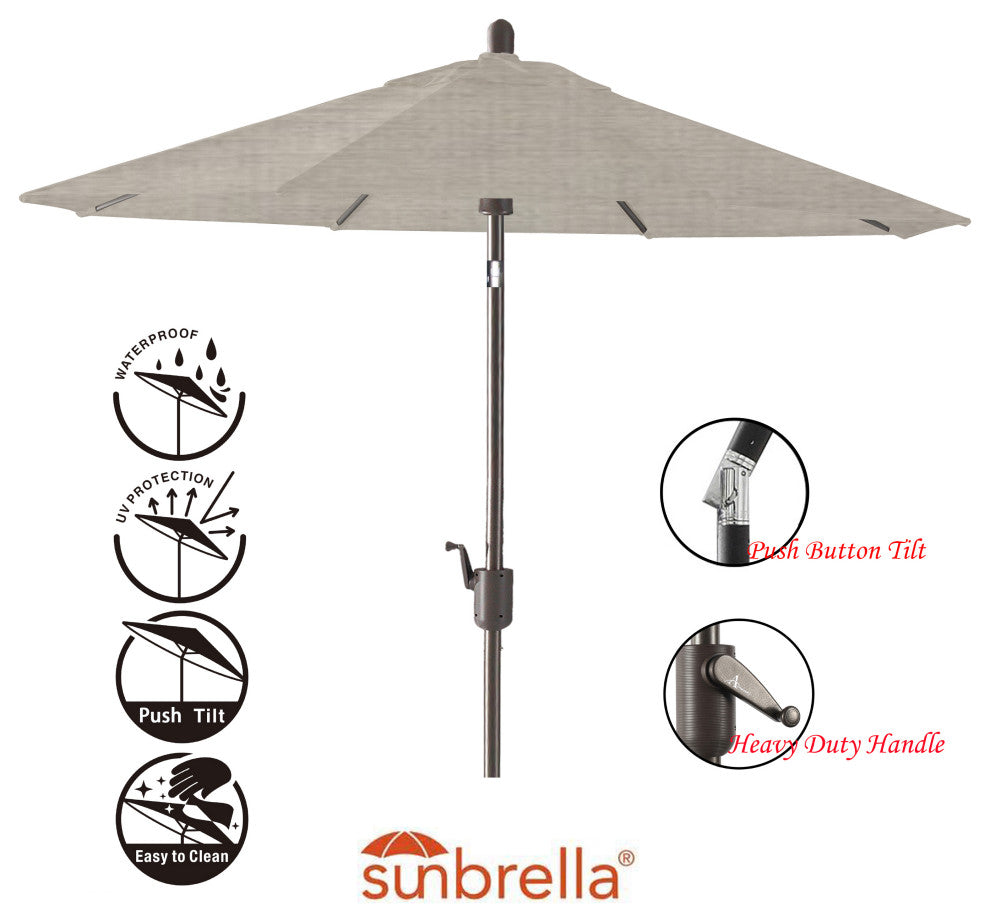 9' Round Push Tilt Market Umbrella, Antique Bronze frame, Sunbrella, Cast Silver