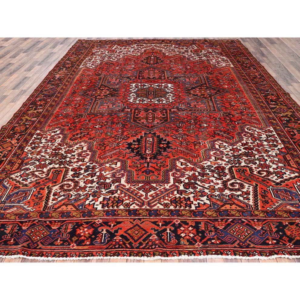Fire Brick Red Pure Wool Hand Knotted Semi Antique Persian Heriz Rug 10'x13'2"