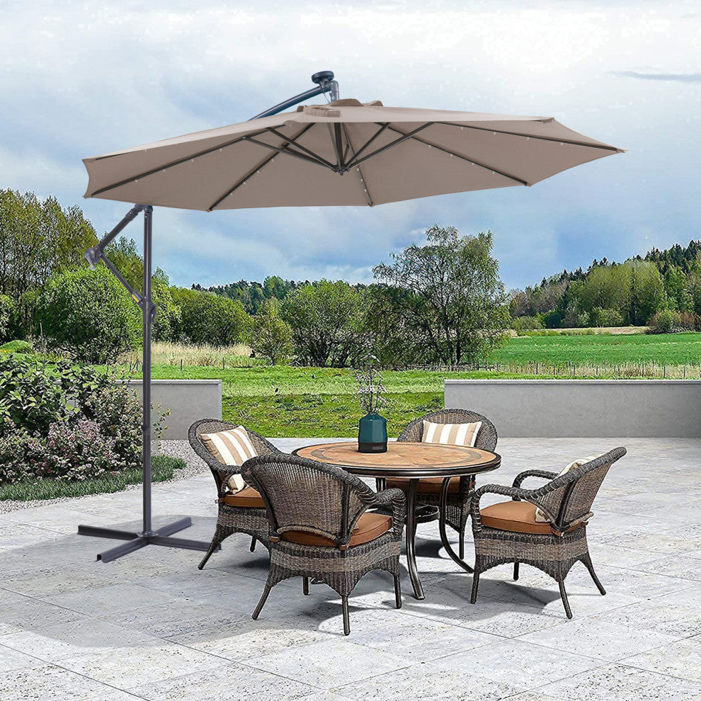 10' Steel Patio Hanging Cantilever Umbrella With 32 Solar LED Lights, Brown