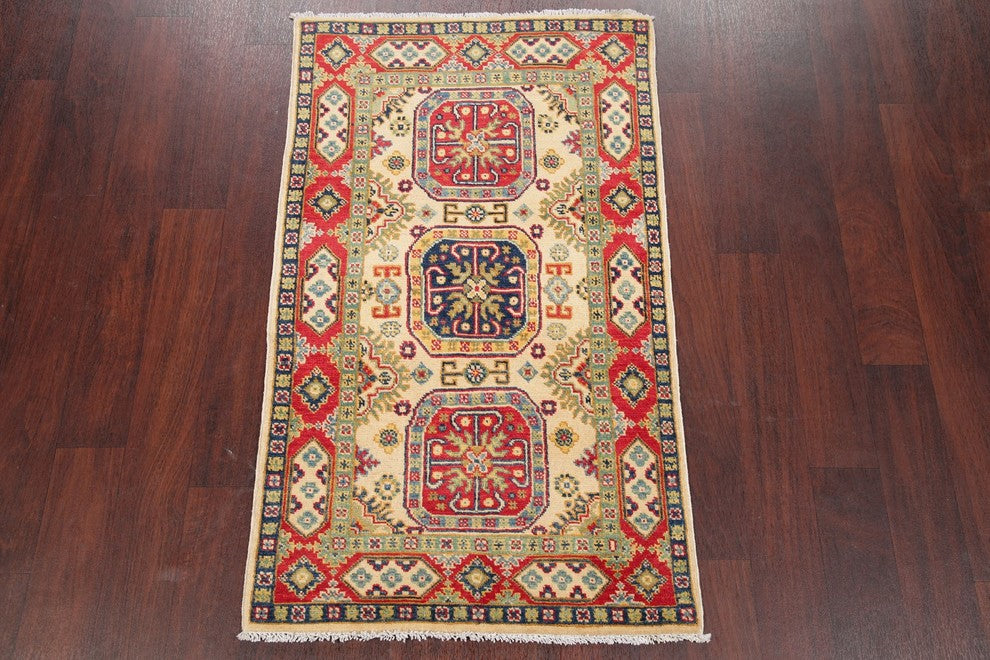 Traditional Hand-Knotted Pakistani Kazak Oriental Area Rug, Beige, 4'4"X2'7"
