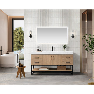 Alistair Vanity, North American Oak, Matte Black Hardware, 60" Single Sink, With Mirror