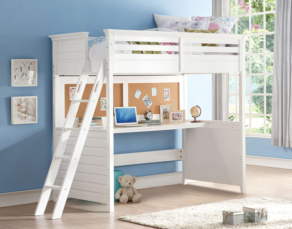 White Twin Loft Bed with Desk, Safety Rails, and Ladder, Wooden Frame