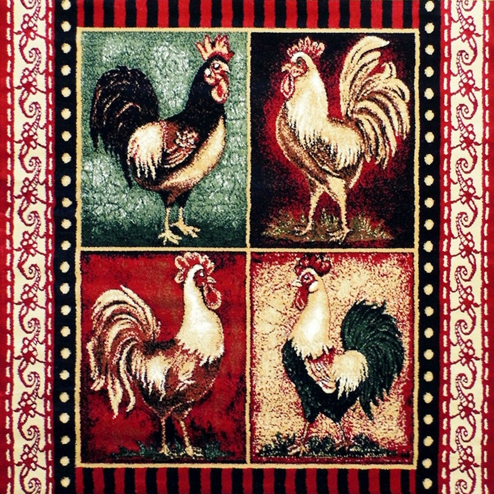 Angie Collection Rectangle 5' x 7' Red Rooster Themed Area Rug