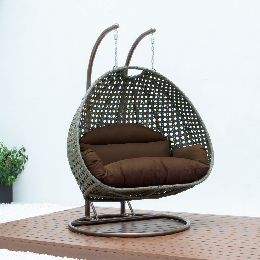 2 Person Beige Wicker Double Hanging Egg Swing Chair, Brown