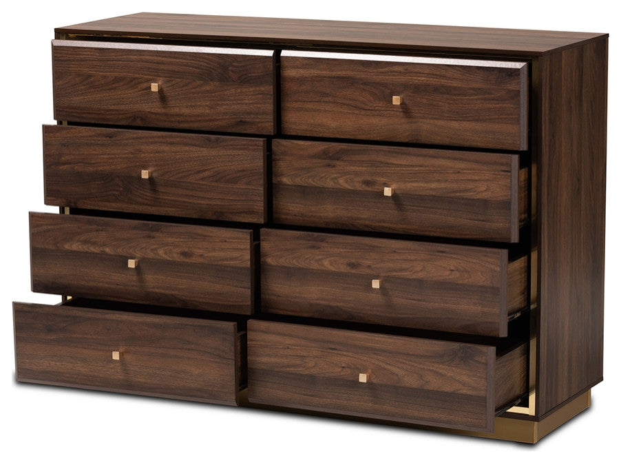 Modern and Contemporary Walnut Brown Finished Wood Gold Metal 8-Drawer Dresser