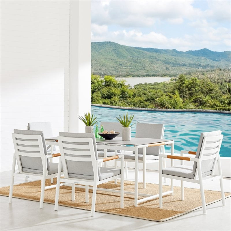 Crown 7-Piece White Aluminum and Teak Outdoor Dining Set With Light Gray Fabric