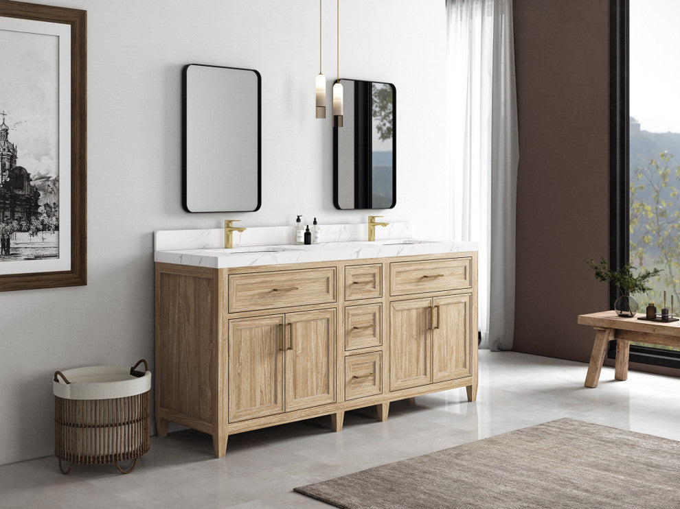Santa Monica 72 Double Sink Bath Vanity in Whitewashed Teak 2" Carrara Marble