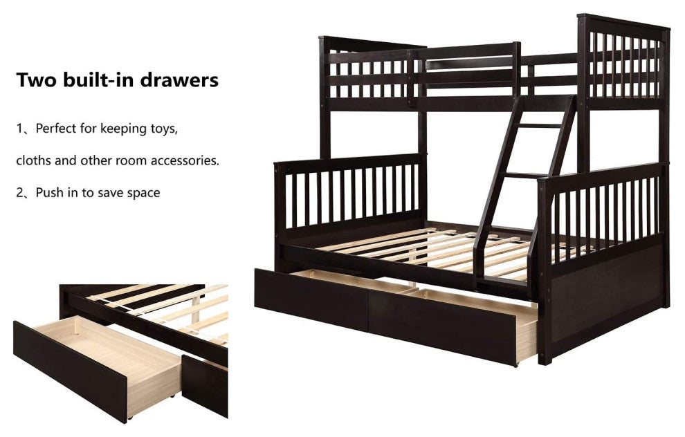 Kids Solid Wood Twin Bed with Rail, Ladder and Two Storage Drawer