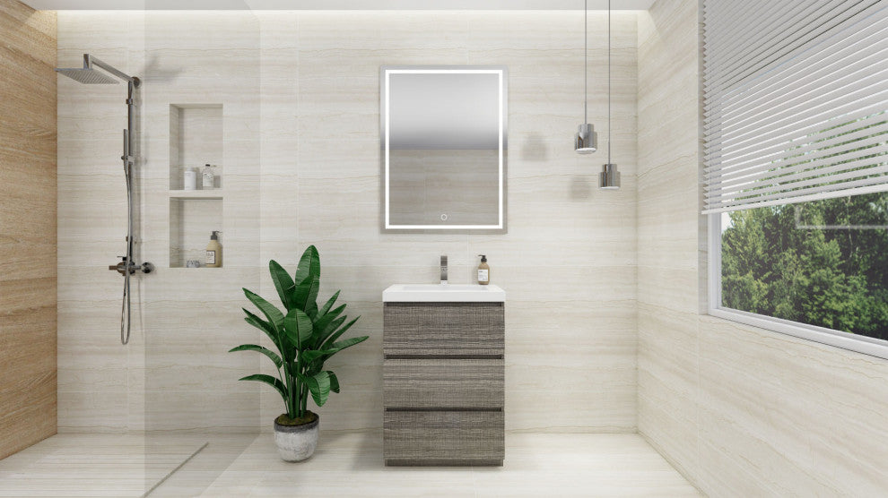 Alston 24" Free Standing Modern Vanity, High Gloss Ash Gray, Glossy White Top